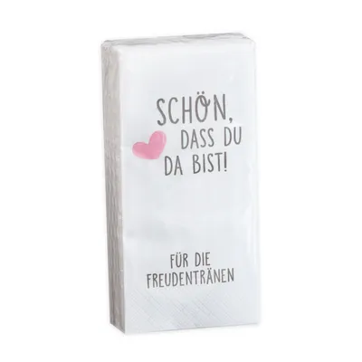 Produktbild von 10 x 10 Taschentücher 'Schön, dass du da bist - Für die Freudentränen' GRAU-ROSA zur Hochzeit, Taufe oder Kommunion