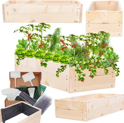 Produktbild von MODO24 Hochbeet Holz, Pflanzkasten, Massivholz, Kiefer, Kräuterbeet, Blumenkasten, Garten, Terrasse, 18x103x60 cm, Natur, ZP06