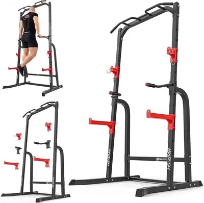 Produktbild von Hop-Sport Power Cage HS-1014K – multifunktionaler Kraftturm mit Squat Rack Kniebeugenständer, Dip-Station und Klimmzugstange