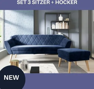 Produktbild von Sofello Couchgarnitur 3 Sitzer Sofa + Hocker hohe Holzbeine moderne Steppung Sofa mit Hocker Samt Velour
