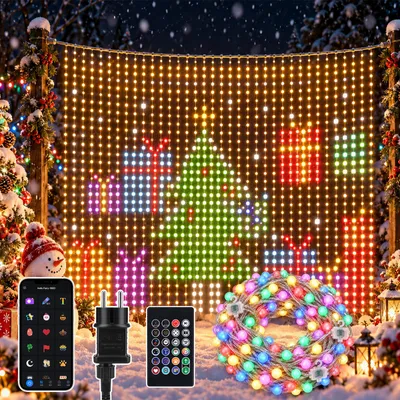 Image de Guirlande lumineuse de Noël LED, dimensions 3x3 mètres, rideau lumineux avec 400 LED, contrôle via application et télécommande, minuterie, variateur d'intensité, plus de 100 modes de scènes dynamiques