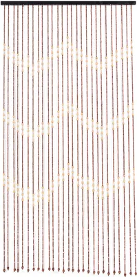 A beaded curtain hanging vertically.