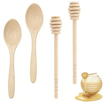 Holz-Honiglöffel-Set, 4 Stück, braun, 2 Rührer + 2 Löffel