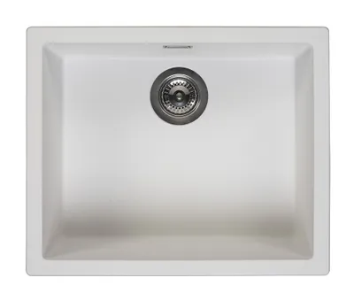 A top-down view of a white kitchen sink with a silver drain.