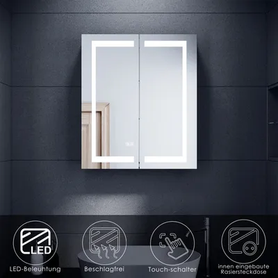 Image de Armoires de toilette à portes battantes SONNI en acier inoxydable 60x70x13cm avec interrupteur Dual Touch éclairage LED+antibuée interrupteur avec prise rasoir