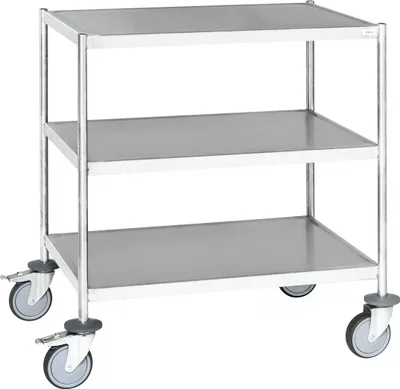 Produktbild von Kongamek Edelstahl- Etagenwagen vollständig geschweißt, 3 Ladeflächen 800x550mm Gummibereifung rostfrei mit Bremse