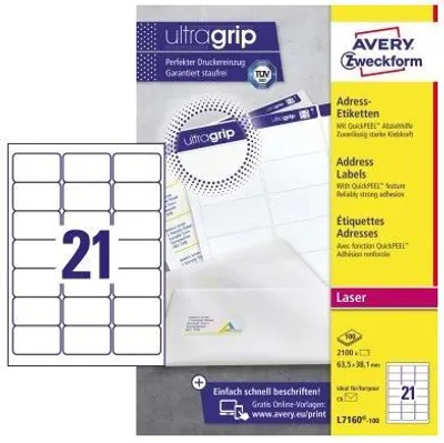 Produktbild von Avery Zweckform L7160-100 Adress-Etiketten, 63,5 x 38,1 mm, Geeignet für Deutsche Post INTERNETMARKE, 100 Blatt/2.100 Etiketten, weiß