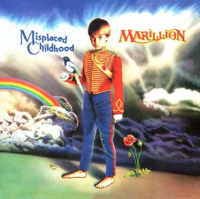 A young boy in a military-style uniform stands in a surreal landscape holding a bird. A rainbow and clouds are in the background.