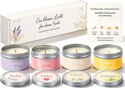 Immagine prodotto di Set regalo con candele profumate per donne, disponibile in 4 fragranze - Ideale per un regalo di compleanno