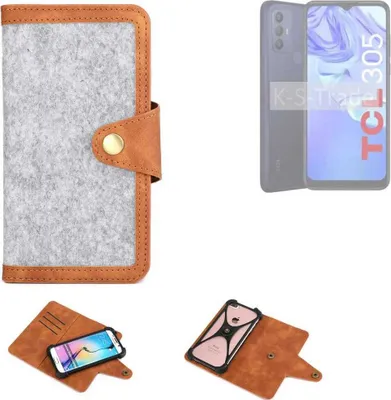 Produktbild von K-S-Trade Handyhülle kompatibel mit TCL 305 Schutzhülle Filz-Hülle Kunst-Leder hellgrau braun (1x)