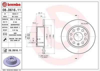 Immagine prodotto di 2x Disco freno BREMBO 08.D616.11 per SKODA Octavia III Combi (5E5) 61mm 253mm