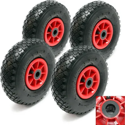 Produktbild von Wiltec 4x Rad 3.00-4 85 x 260 mm 90 kg, HT2046 Schubkarren Komplettrad mit Kunststofffelge, Winkelventil, Luftreifen für Sackkarre, Bollerwagen u.a .