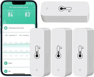 Produktbild von WiFi Hygrometer Thermometer Sensor für Innen und Außen, kabelloser Temperatur- und Feuchtigkeitsmonitor mit App und Fernsteuerung, 4er Set.