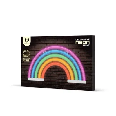 The product is a decorative neon light in the shape of a rainbow, shown on its packaging.