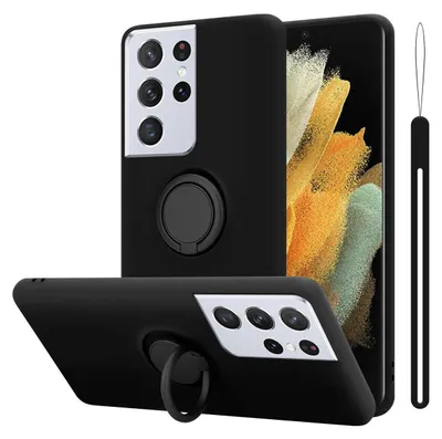 A black phone case with a ring holder is shown from multiple angles, with a phone screen visible in the background.