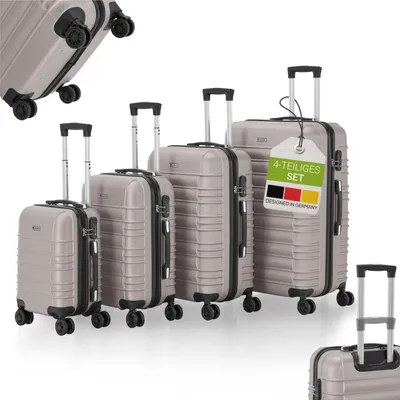 A set of four champagne-colored suitcases of varying sizes, displayed on a white background.