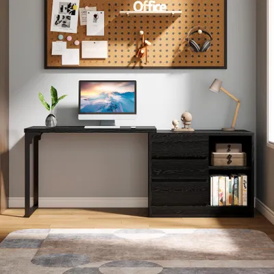 Produktbild von Tribesigns L-förmiger Schreibtisch, mit Schubladen und Regalen, Wendbarer Eckschreibtisch mit Aufbewahrungsschrank, Moderner Tisch Homeoffice, Schwarz