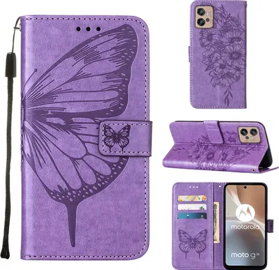 Obrázek produktu pro Moto G32 Pouzdro, Motýlí Reliéf Flip Kožené Pouzdro s Kapsami na Karty a Stojánkem pro Motorola Moto G32 Fialový