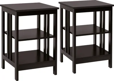 Two identical dark brown wooden side tables with three shelves each, presented against a white background.