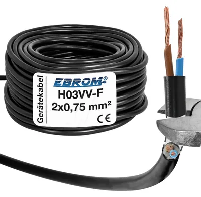 Produktbild von 40 Meter - EBROM - H03VV-F 2x0,75 mm² PVC Schlauchleitung, schwarz - Gerätekabel, LED Kabel, flexible Leitung, 2x0,75 mm2 Kunststoffschlauchleitung, Kabel für Haushaltsgeräte, Stromleitung, Stromkabel