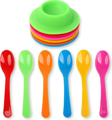 Produktbild von Schramm® Eierbecher - Set aus 6 Stück Silikon Eierbecher und 6 Stück Eierlöffel aus Kunstsoff Eierhalter mit Ablage Eierständer BPA-frei