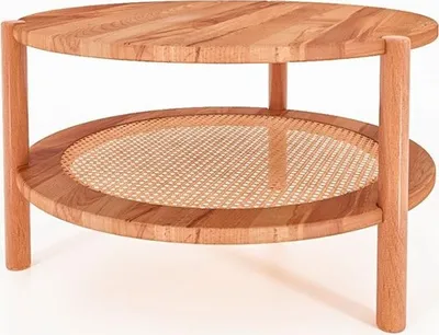 Produktbild von Couchtisch Zola rund aus Kernbuche massiv und Rattan Durchmesser 80 cm