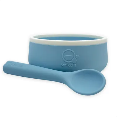Immagine prodotto di Smikkels ciotola per bambini in silicone con cucchiaio blu stoviglie per bambini