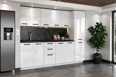 Produktbild von ULWEHOME | Küchenzeile 260 cm Weiß Hochglanz, Küchenmöbel-Set mit Vorratsschrank, Spülenschrank & geteilten Arbeitsplatten 120 cm, KI-generiertes Bild