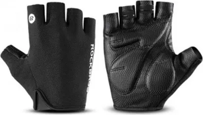 A pair of black fingerless cycling gloves shown from the front and back.