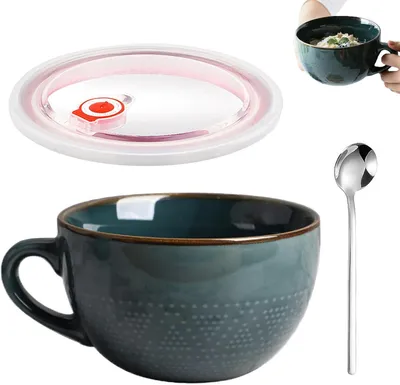 Image de Grande tasse en céramique, 700 ml, bols à muesli (vert foncé), tasses à café avec anse, saladiers, tasses à thé avec couvercle et cuillère, tasses en porcelaine pour cadeaux
