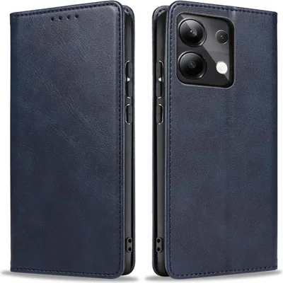 A dark blue flip cover phone case is shown from two angles, open and closed.