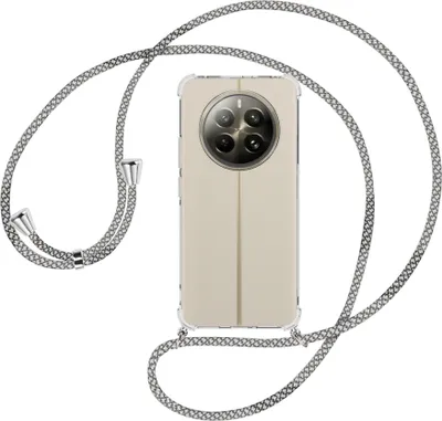 Produktbild von Handykette Backcover-Schutzhülle mit Band (Metall silberfarben) für Realme 12 Plus 5G / Narzo 70 Pro 5G - weiß/grau kariert