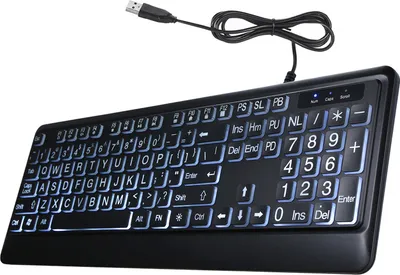 A black wired keyboard with white backlighting and large key labels, shown from a slightly elevated front-left angle on a white background.