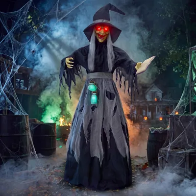 Halloween-Heks 1,83 m animatronisch mit Soundaktivierung