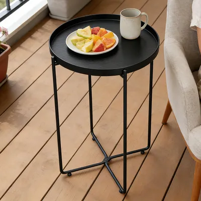 Produktbild von doporro Beistelltisch rund, Kleiner Tisch, Couchtisch rund mit 1 Ablagen und Metallgestell , 35 x 51cm, Beistelltisch Schwarz Reglo-08