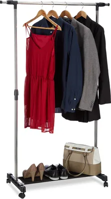 Produktbild von Relaxdays Kleiderständer auf Rollen, Garderobenwagen mit Kleiderstange und Ablage, höhenverstellbar: 96 - 162 cm, silber