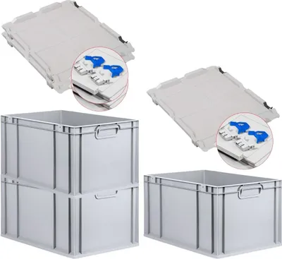A studio shot of multiple grey plastic storage boxes and their lids, with close-up insets showing the lid locking mechanism.