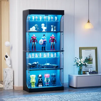 Image de Vitrine en verre à quatre étages avec espace de rangement, éclairage LED, portes en verre et capteurs intelligents, étanche à la poussière, pour salon, chambre ou bureau, couleur noire