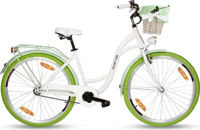 A white city bike with green tires and fenders, equipped with a wicker basket on the handlebars.