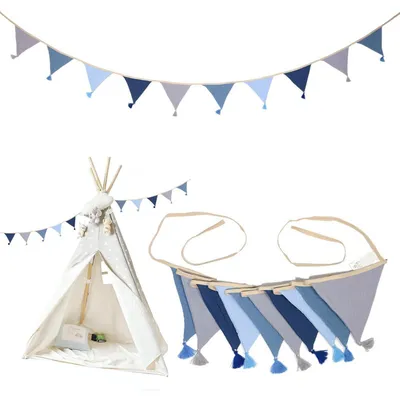 Image de Guirlande de fanions pour chambre d'enfant, 2,6 mètres, en coton, couleur bleue, 1 pièce