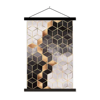 Produktbild von MuchoWow® Textilposter Abstrakt - Würfel - Gold - Muster - Schwarz - Weiß 40x60 cm mit schwarzem Rahmen - Wanddekorationen