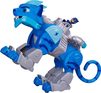 A blue and gray toy cat with robotic features is shown from the side against a white background.