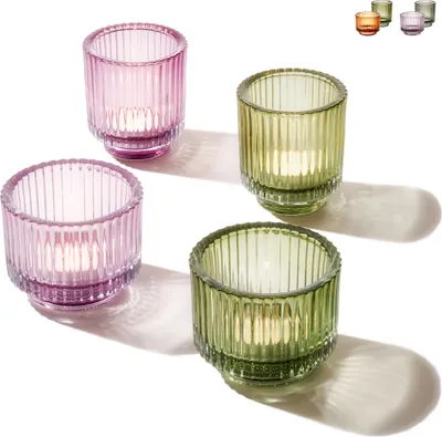 Zdjęcie produktu dla Duży szklany świecznik na tealight do dekoracji stołu - Zestaw 4 okrągłych szklanek na tealight - Solidne świeczniki do dekoracji domu i na wesele (fioletowy i zielony)