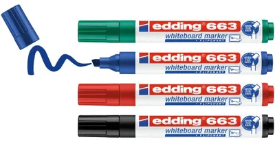Image de Lot de marqueurs pour tableau blanc edding 663, 4 couleurs, effaçables, pointe biseautée de 1 à 5 mm, rechargeables
