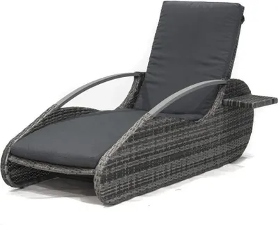 A gray wicker lounger with dark gray cushions, shown against a white background.
