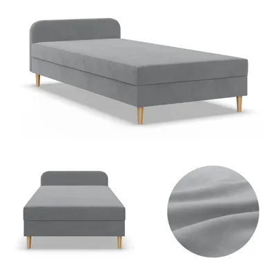 Produktbild von Einzelbett 120x200, Kontinentales Bett mit Kopfteil, Bett mit Matratze, Jugendbett, Kinderbett, Veloursbett, Samtstoff, Grau, Hellgrau CASPE 120 x 200