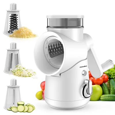 Gemüsereibe 3-in-1 mit Kurbel, 3 Edelstahl-Einsätzen, Weiß
