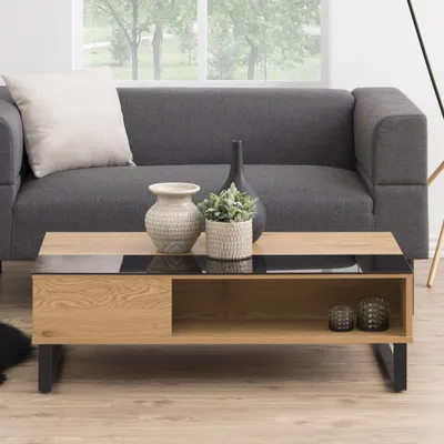 Image de Selsey Table basse KOSTRENA - Table de salon aspect bois avec insert en verre noir et espace de rangement, moderne, 110x60 cm