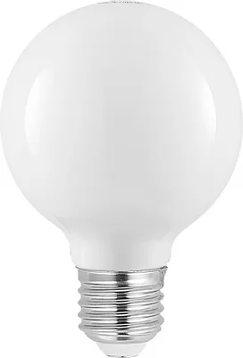 A white frosted globe light bulb with a silver screw base against a white background.