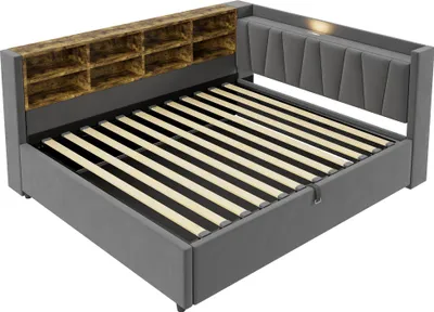 Produktbild von Flieks Polsterbett 140x200cm mit Ladefunktion und Nachtlicht, Tagesbett Schlafsofa mit Rückenlehne und Stauraum, Jugendbett Kinderbett Samt Dunkelgrau